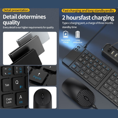 Bộ Bàn phím chuột mini Gấp gọn không dây Z219 kết nối bluetooth 5.2 + 3.0 + Usb wireless 2.4g hàng nhập khẩu