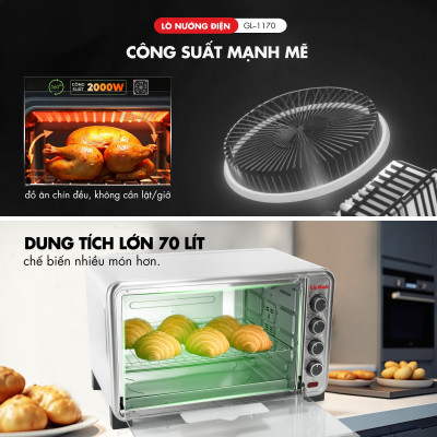 Lò nướng điện đa năng Gali GL-1170 dung tích lớn 70 lít, có đèn, xiên quay, quạt đối lưu, hàng chính hãng Gali bảo hành 24 tháng.