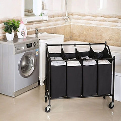 Hộp đựng đồ giặt Songmics Laundry Basket Laundry Hamper (4 túi vải+kệ có bánh xe- màu đen) Hàng chính hãng