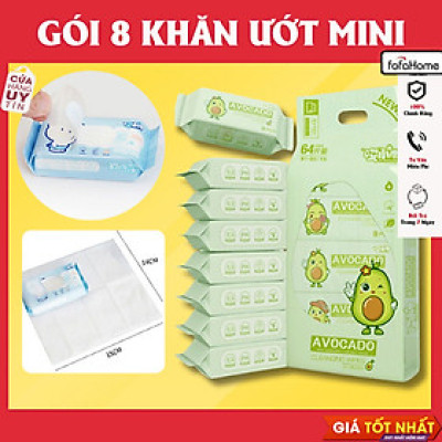Bịch 8 Gói Khăn Giấy Ướt Mini Hoạt Hình Cao Cấp Bỏ Túi Tiện Lợi (64 khăn) Giao Màu Ngẫu Nhiên