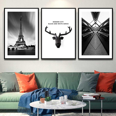 Bộ 3 tranh canvas treo tường Decor Họa tiết hươu và thành phố phong cách cổ điển – DC101