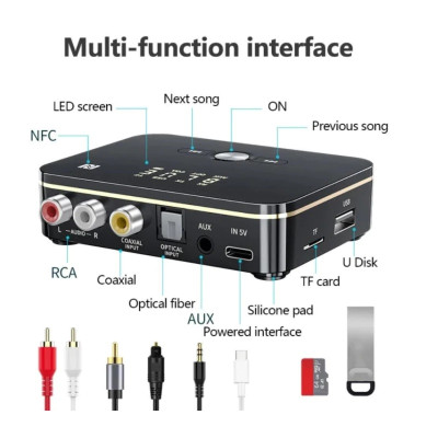 Thiết Bị Thu Phát Tín Hiệu Bluetooth 5.0 NFC Có Đèn LED Và Giắc Cắm 3.5mm AUX RCA Bluetooth M8 - Hàng Nhập Khẩu