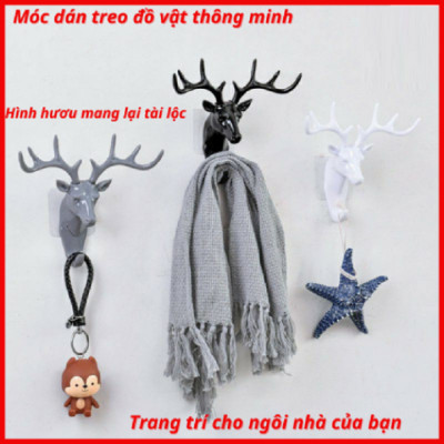Móc dán tường treo đồ đa năng treo quần áo mũ chìa khóa decor trang trí nhà cửa hình đầu nai sừng hươu (GIAO MÀU NGẪU NHIÊN)