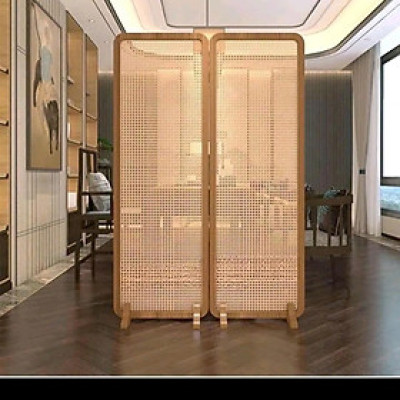 Vách ngăn bình phong vân gỗ kết hợp lưới mây mắt cáo