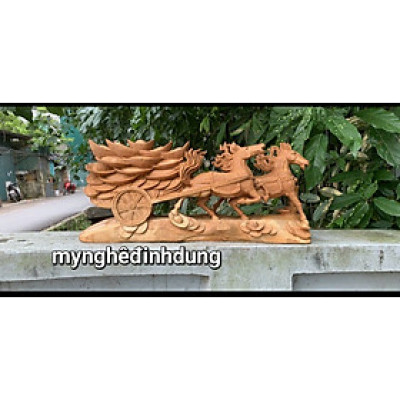 Tượng song mã kéo xe vàng phong thủy cầu tài lộc bằng gỗ  ngọc am thơm nức kt  60x26x15cm 