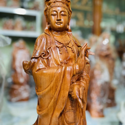 Tượng phật bà quan âm bồ tát bằng gỗ hương đá liền khối kt cao 70×20cm 