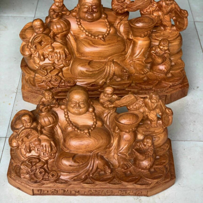 Tượng phật di lặc ngũ phúc bằng gỗ hương đá liền khối  kt 60×30×30cm