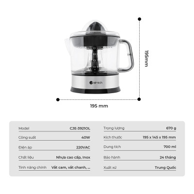 Máy vắt cam Elmich CJE-3921OL 700ml , Hàng chính hãng, bảo hành 24 tháng - JoyMall