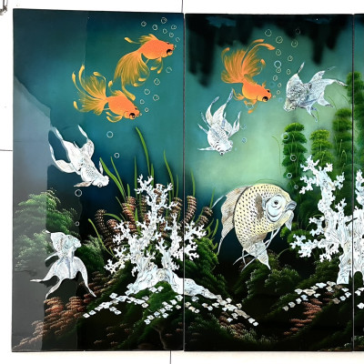 Bộ Tranh sơn mài 4 tấm - QUẦN NGƯ HỘI TỤ size 80x160 cm hàng cao cấp dày dặn xuất khẩu