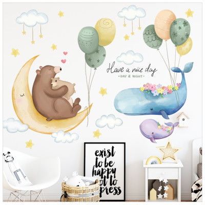 Decal dán tường cho bé Sticker dán tường in chất lượng cao có keo mặt sau mẫu Gấu và Cá Voi ZH73