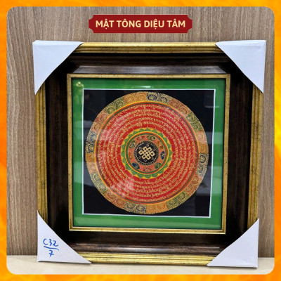 Tranh Mandala Chú Om Mani Padme Hum kèm khung 32cm Vẽ Tay Thủ Công Nepal Tranh chú lục tự chân ngôn Mật tông Diệu Tâm