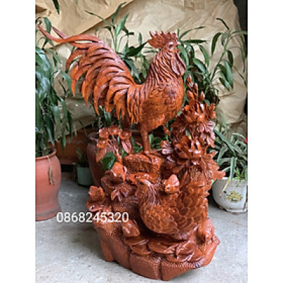 Tượng  gia đình gà phong thủy bằng gỗ hương ta kt cao 82×50×38cm 