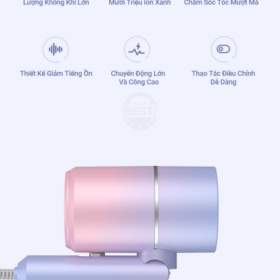 Máy Sấy Tóc Mini Gấp Gọn Besti Cao Cấp, Công Suất Lớn, Động Cơ Êm Ái, Ổn Định, Tặng Đầu Sấy Tạo Kiểu Tóc Chuyên Nghiệp - Hàng Chính Hãng