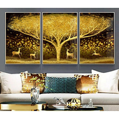 Bộ 3 tranh laminate tráng gương hiện đại treo tường hươu dưới tán cây vàng tài lộc LIN923 - 30 x 45 cm x 3 tranh