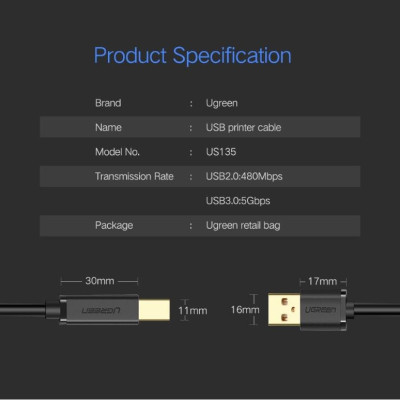 Ugreen UG10350US135TK 1.5M màu Đen Cáp USB 2.0 sang USB B máy in đầu mạ vàng - HÀNG CHÍNH HÃNG