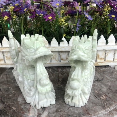 Cặp Rồng nằm phong thủy đá cẩm thạch trắng xanh - Dài 20 cm