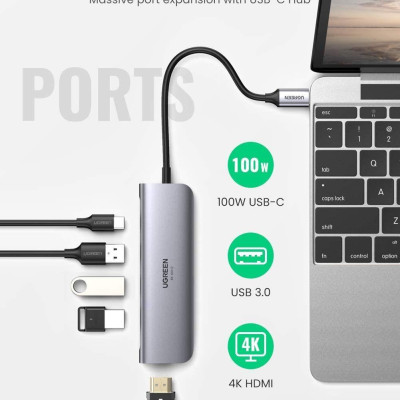 Ugreen UG70495CM136TK 5 trong 1 màu xám bộ chuyển USB type C ra 3*USB 3.1 sạc 100w PD 4K HDMI - HÀNG CHÍNH HÃNG