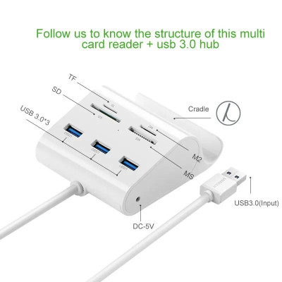 Ugreen UG30344US156TK 1M màu Trắng Bộ chia HUB USB 3.0 sang 3 USB 3.0 + đọc thẻ TF SD MS M2 có khay đỡ hỗ trợ nguồn 5V - HÀNG CHÍNH HÃNG