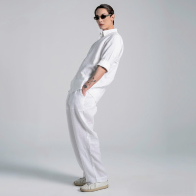 Set Bộ Sơ Mi Nam Basic Áo Dài Tay Mix Quần Suông Ống Rộng Vải Linen Sợi Tự Nhiên Mát Mẻ