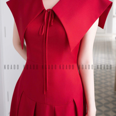 Đầm đỏ xếp ly cổ thuỷ thủ NGADO , đầm dài , đầm kiểu , đầm công sở , dự tiệc