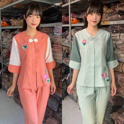 Đồ Lam Đi Chùa # Tim 1Nút Bông Cao Cấp# Quần Áo # Đồ Bộ Nữ