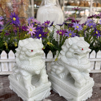 Cặp tượng Kỳ Lân phong thủy đá trắng xanh - Cao 15 cm