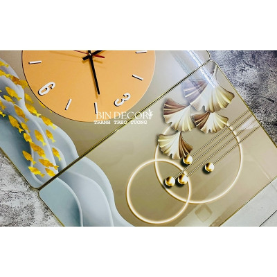 Tranh đồng hồ tráng gương cách điệu hươu vàng tài lộc trang trí phòng khách, làm quà tân gia