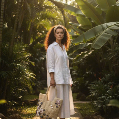 Giỏ Cói Giấy Mềm Dáng Tote Gắn Vỏ Sò, Giỏ Cói Tote Hải Đường ACC142