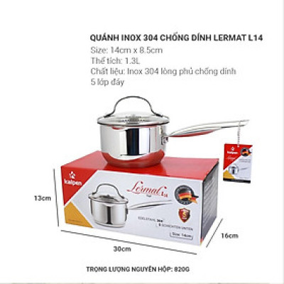 Quánh Inox 304 Đúc Liền Khối Kalpen Emer EM16 - 16Cm, Dung tích 1,5L, Dùng các dòng bếp...