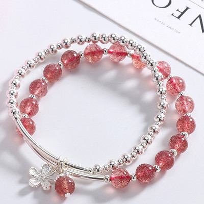 Vòng tay 2 line đá thạch anh dâu phối charm hoa bạc mệnh hỏa, thổ - Ngọc Quý Gemstones