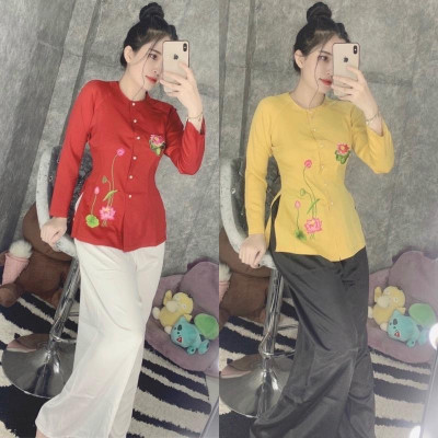 Đồ Lam Đi Chùa # Thêu Hoa Sen Vải Cao Cấp