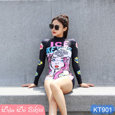 Bộ Đồ Bơi  Nữ  Liền Thân Quần Đùi Tay Dài, Chống Nắng Tối Ưu, Khóa Kéo Sau Tiện Lợi, Chất Vải Thun Lạnh Co Giãn Cao, Nhanh Khô - Phom Dáng Ôm Gọn, Tôn Dáng | KT901