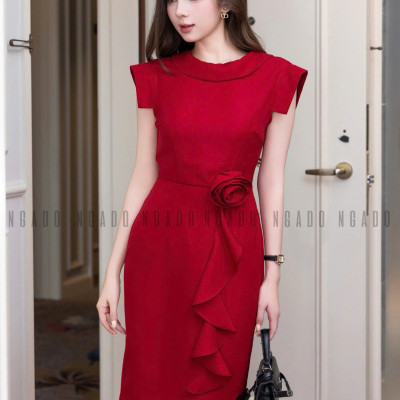 Đầm đỏ bút chì phối hoa NGADO , đầm nữ , đầm bút chì , đầm dự tiệc