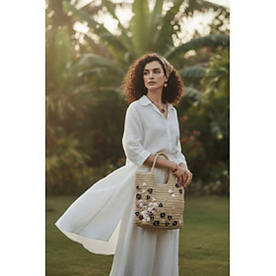Giỏ Cói Giấy Mềm Dáng Tote Gắn Vỏ Sò, Giỏ Cói Tote Hải Đường ACC142