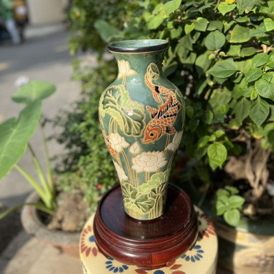 BÌNH BÁCH HOA & SEN CÁ DÁNG THON 37CM GỐM SỨ THỦ CÔNG NAM BỘ