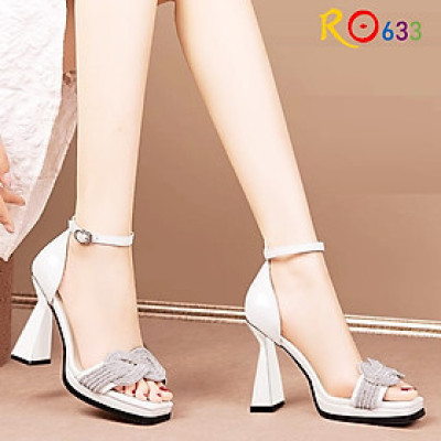 Giày sandal nữ cao gót 9 phân hàng hiệu rosata hai màu đen trắng cao cấp ro633