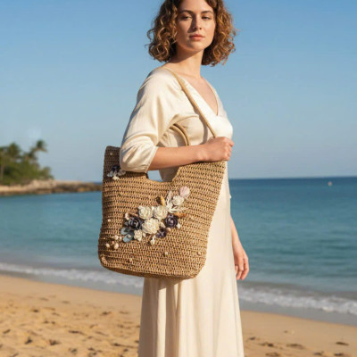 Giỏ Cói Giấy Mềm Dáng Tote Gắn Vỏ Sò, Giỏ Cói Tote Lan Châu ACC142