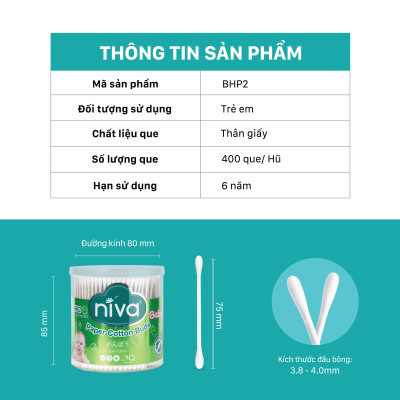 Combo 06 Tăm Bông Niva Cho Trẻ Sơ Sinh Hũ Xoay 400 Que Thân Giấy BHP2 Bông Tự Nhiên Kháng Khuẩn An Toàn, Thân Thiện Môi Trường