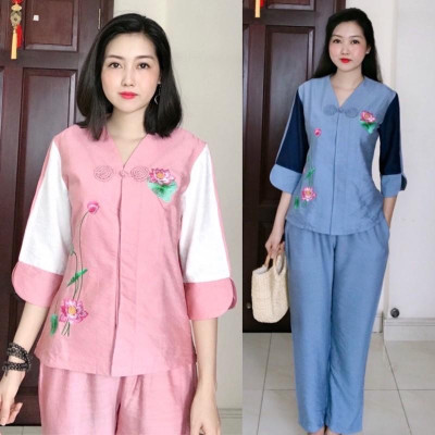 Đồ Lam Đi Chùa # Tim 1Nút Bông Cao Cấp# Quần Áo # Đồ Bộ Nữ