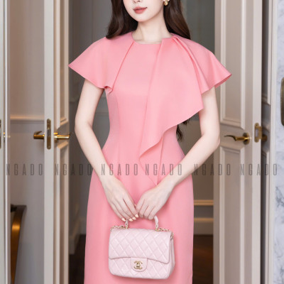 Đầm hồng bút chì phối bèo NGADO , đầm bút chì , đầm kiểu Nữ, đầm dự tiệc , công sở