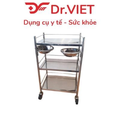Xe đẩy Inox DrViet - 35x50 - 3 tầng - Không hộc - 2 vòng thau