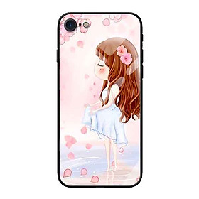 Ốp lưng kính cường lực cho iPhone 7 /8 Nền Cô Gái Váy Trắng Nền Hoa Đào - Hàng Chính Hãng