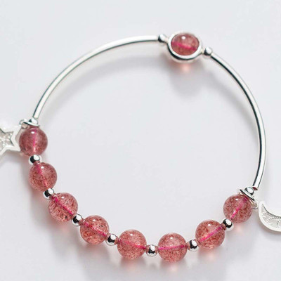 Vòng tay bạc đá thạch anh dâu charm trăng sao mệnh hỏa, thổ - Ngọc Quý Gemstones