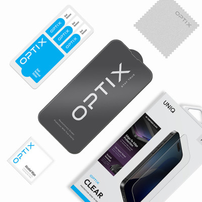 Kính Cường Lực UNIQ OPTIX CLEAR Cho iPhone 16/ 16 Plus/ 16 Pro/ 16 Pro Max Trong Suốt Hoàn Toàn Tấm Kính Hàng Chính Hãng