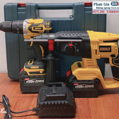Bộ Combo Máy Khoan Pin Và Máy Khoan Bê Tông Dùng Pin 199V 2 Pin 15 Cell Động Cơ Không Chổi Than - Tặng Kèm Hộp Đựng - Bảo Hành 1 Năm