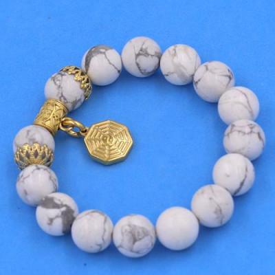 Chuỗi vòng tay Đá White Howlite 12 ly - Vòng tay Bát Quái inox vàng VHWLBQHKV12 - hợp mệnh Kim, mệnh Thủy