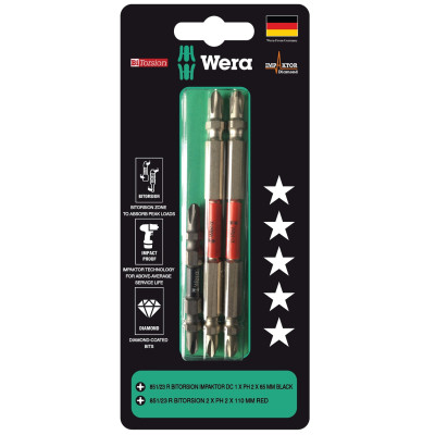 Bộ mũi vít cao cấp 2 đầu 4 cạnh Wera 05344518001 1xPH2x65mm Black và 2xPH2x110mm Red BiTorsion Impaktor DC dùng trực tiếp máy khoan bắt vít