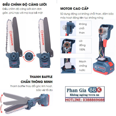 Máy Cưa Xích Dùng Pin BOSHUN - Pin 21v, Lưỡi Cắt Sắc Bén, Không Chổi Than, Chân Pin Phổ Thông, Bảo Hành 6 Tháng BS-CS08