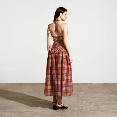 DOTTIE - Đầm maxi cổ yếm đan dây - Đỏ - D0548