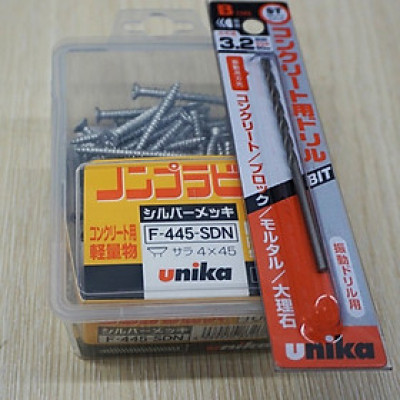 Combo Vít bê tông 4mm đầu bằng F445 & Mũi khoan bê tông 3.2mm đuôi kẹp Unika (không cần tắc kê nhựa)